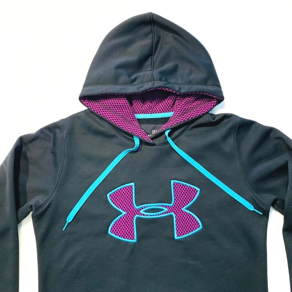 Under Armour Storm Hoodie Sweatshirt Fleece Lined Semi-Fitted Black Purple S EUC